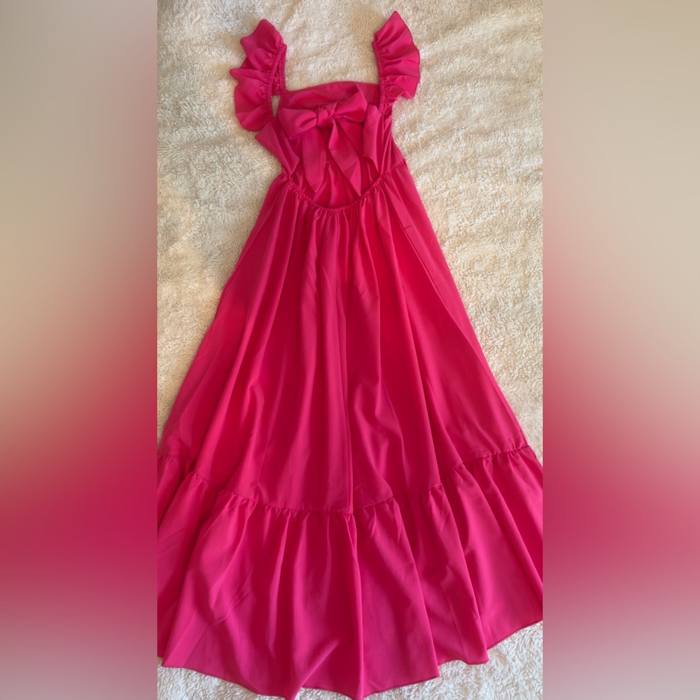 SHEIN Backless Pink Maxi Dress with Ruffled Straps and Bow